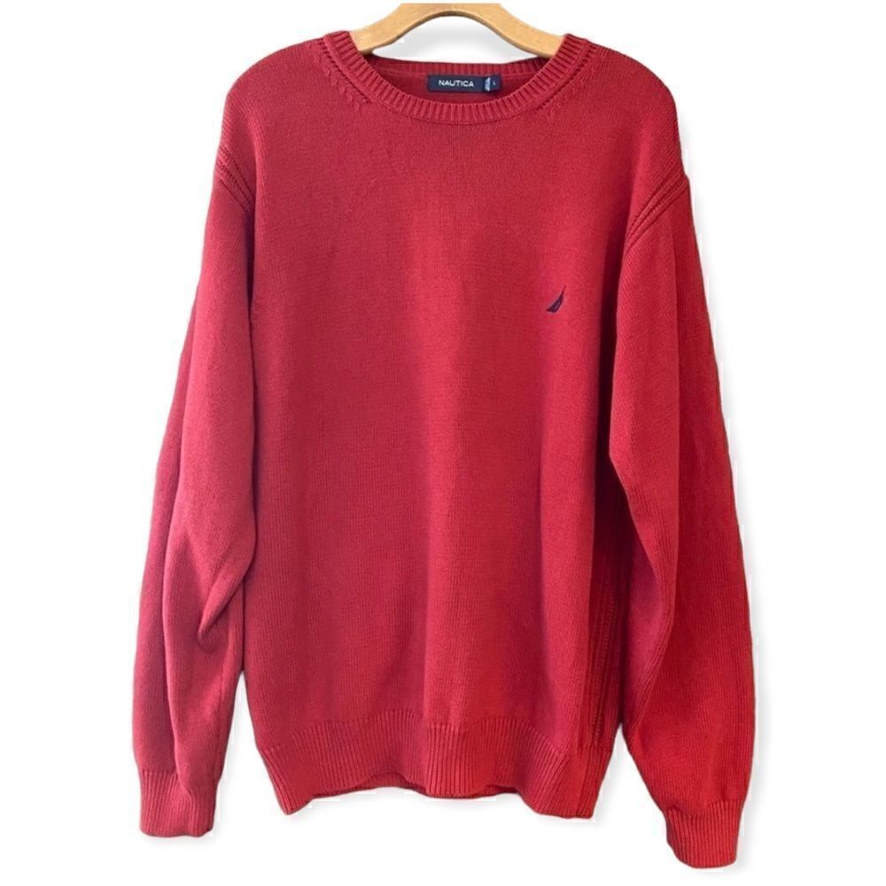 Nautica Men’s L Vintage Jumper Red Crew Knit Long Sleeve Nautical Sweater